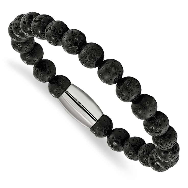 Stainless Steel Polished Lava Rock Beaded Stretch Bracelet
