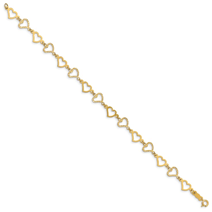 14K Yellow Gold Flat Diamond Cut Open Hearts Bracelet