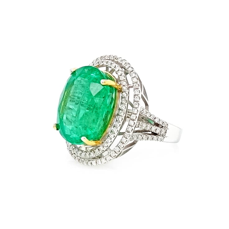 14.80 Ctw Emerald and 0.71 Ctw White Diamond Ring in 18K 2-Tone