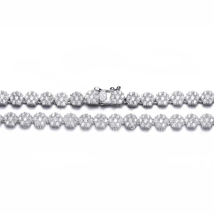CZ Flower Station Tennis Necklace In Sterling Silver 16 Inch