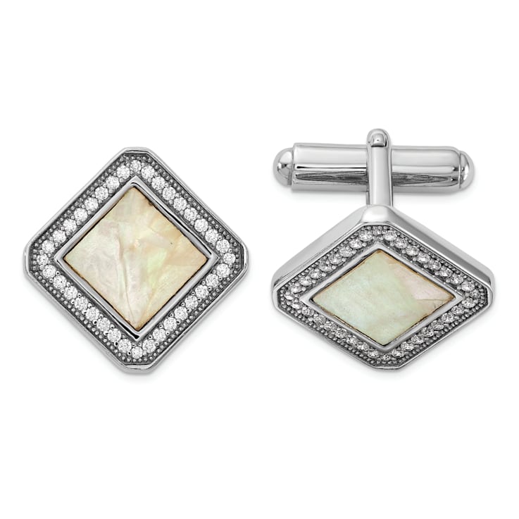 Sterling Silver Rhodium-plated Cubic Zirconia and Mother of Pearl Square
Cuff Links