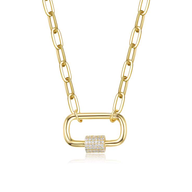 Pave CZ Paperclip Link Charm Necklace In 14K Gold Over Brass 16 Inch