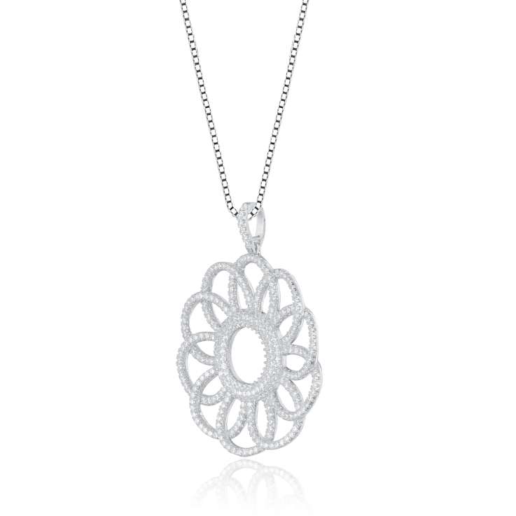 Floral CZ Pendant Necklace In Sterling Silver