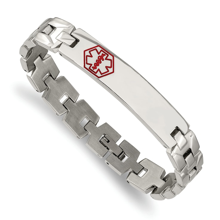 Stainless Steel Brushed and Polished Red Enamel 8-inch Medical ID Bracelet