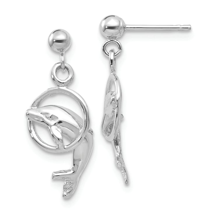 Rhodium Over 14k White Gold Dolphin Dangle Earrings