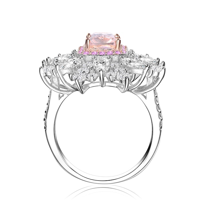 Morganite Cubic Zirconia, Rhodium Plated over Sterling Silver Halo Ring