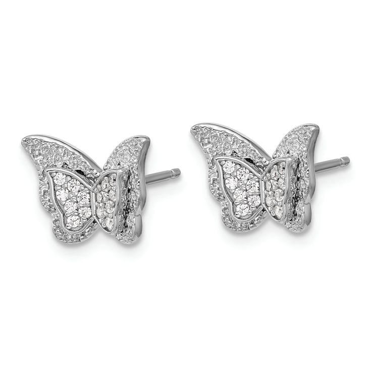 Rhodium Over Sterling Silver Polished Cubic Zirconia Butterfly Post Earrings