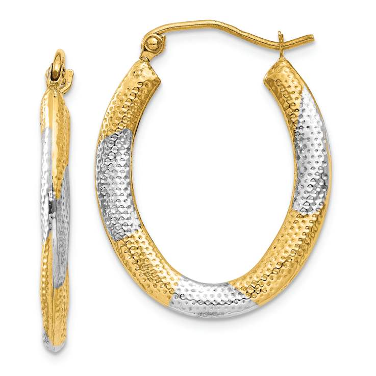 14k Yellow Gold and Rhodium Over 14k Yellow Gold Textured 1" Oval
Hoop Earrings