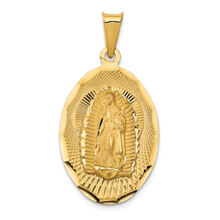 14K Yellow Gold Polished Diamond-cut Lady Of Guadalupe Oval Pendant