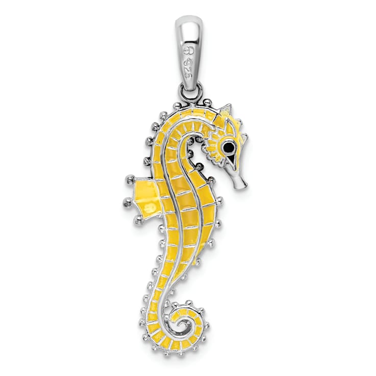 Rhodium Over Sterling Silver 3D Enameled Yellow Seahorse Pendant
