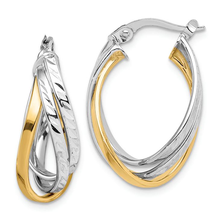 14k Yellow Gold and 14k White Gold 15/16" Diamond-Cut Hoop Earrings