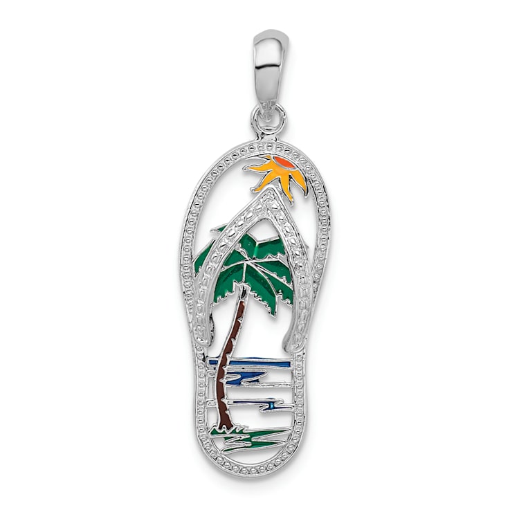 Rhodium Over Sterling Silver Textured Enamel Palm Tree Flip-flop Pendant