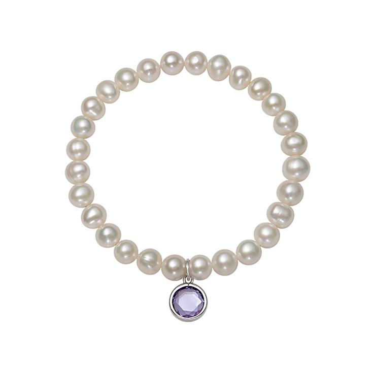 Freshwater Pearl And Light Purple CZ Charm Stretch Bracelet In Sterling Silver