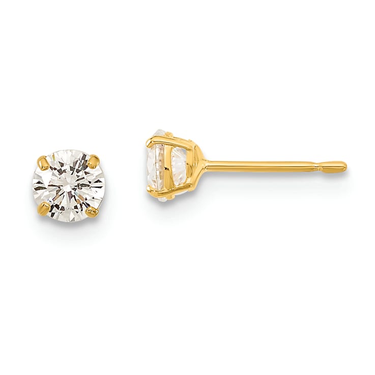 14K Yellow Gold 4mm Round Cubic Zirconia Basket Set Stud Earrings