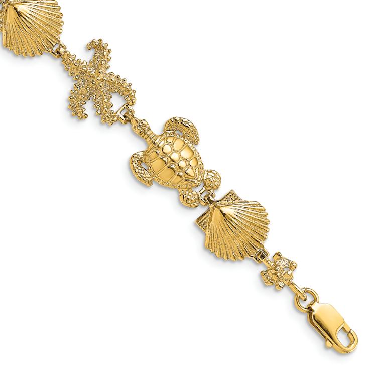 14k Yellow Gold Polished and Textured Turtle, Shell and Starfish Link Bracelet