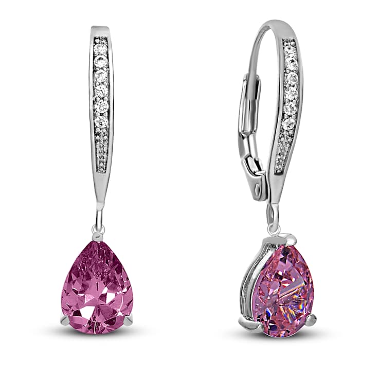 Pink CZ Teardrop Drop Earrings In Sterling Silver