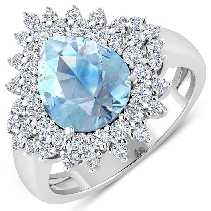 3.19ctw Blue Aquamarine and Diamond 14K White Gold Halo Ring