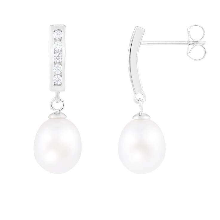 7-8mm White Cultured Freshwater Pearl and Cubic Zirconia Rhodium Over
Sterling Silver Earrings