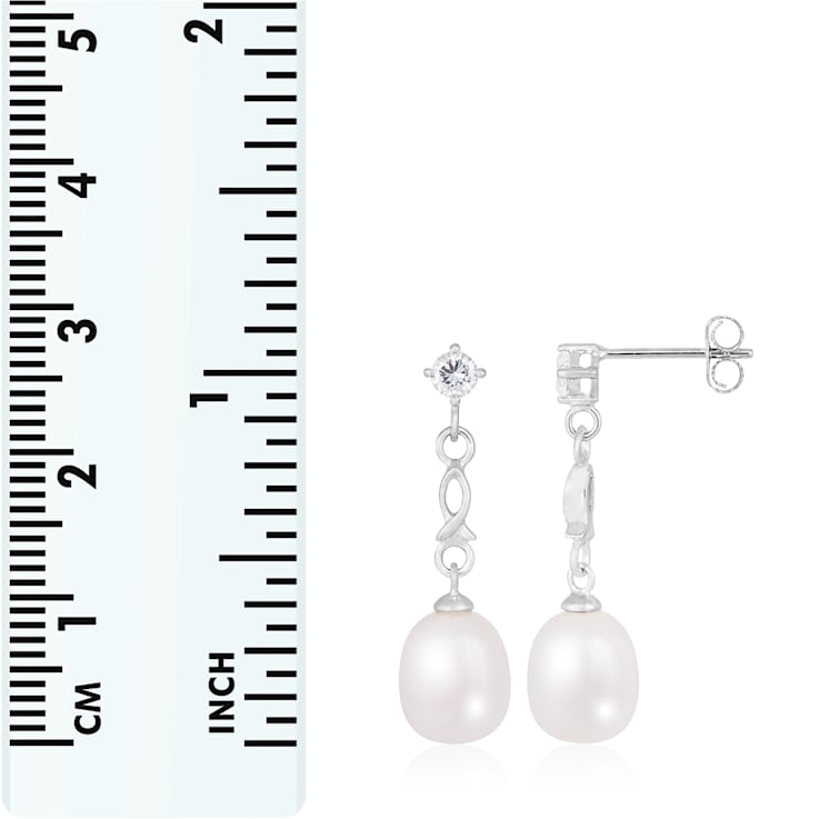 White Cultured Freshwater Pearl and Cubic Zirconia Rhodium Over Sterling
Silver 7-8mm Drop Earrings