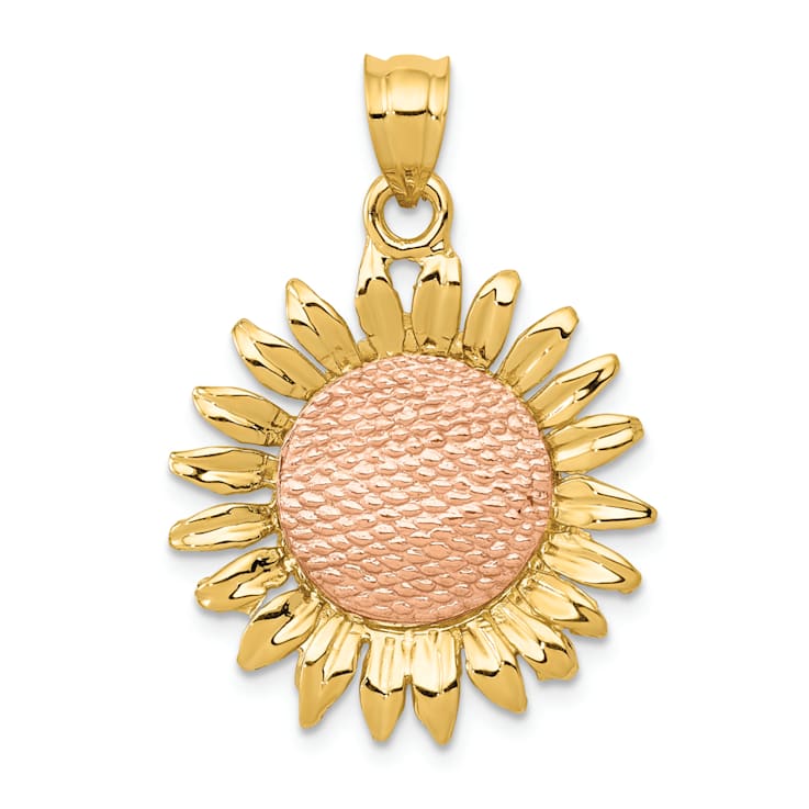 14k Two-tone Gold Polished and Textured Sunflower Pendant