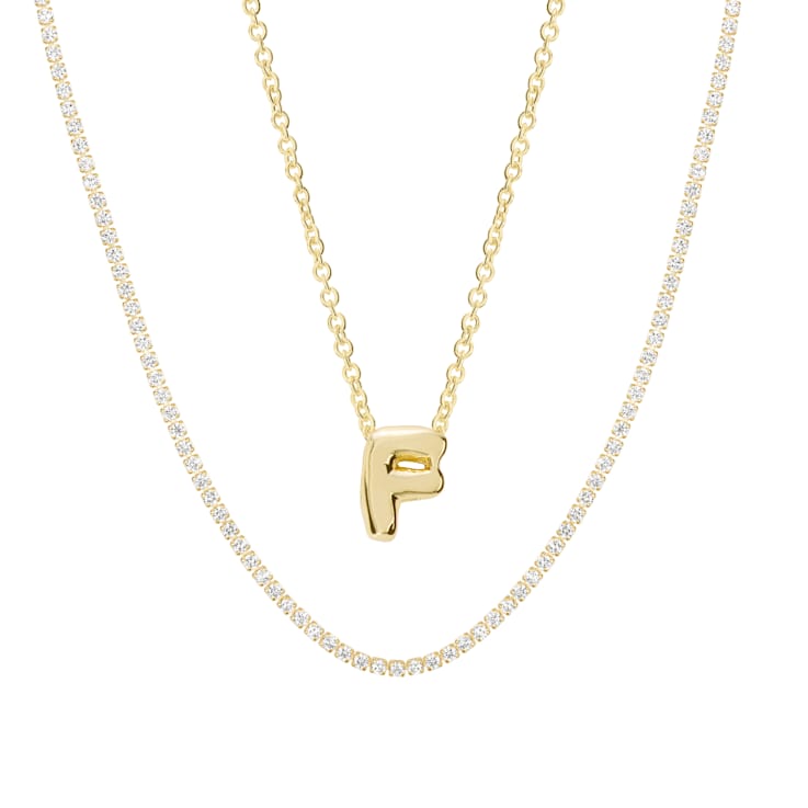 CZ Initial F Tennis Necklace And Pendant Set In 14K Gold Over Brass 4.05ctw