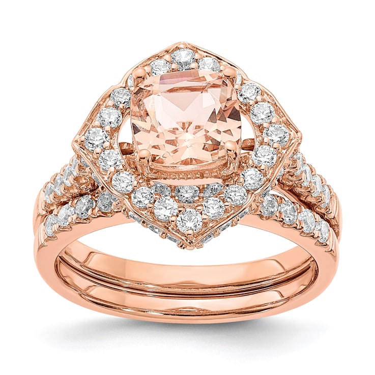 14K Rose Gold Morganite Diamond Halo Engagement Ring 1.91ctw