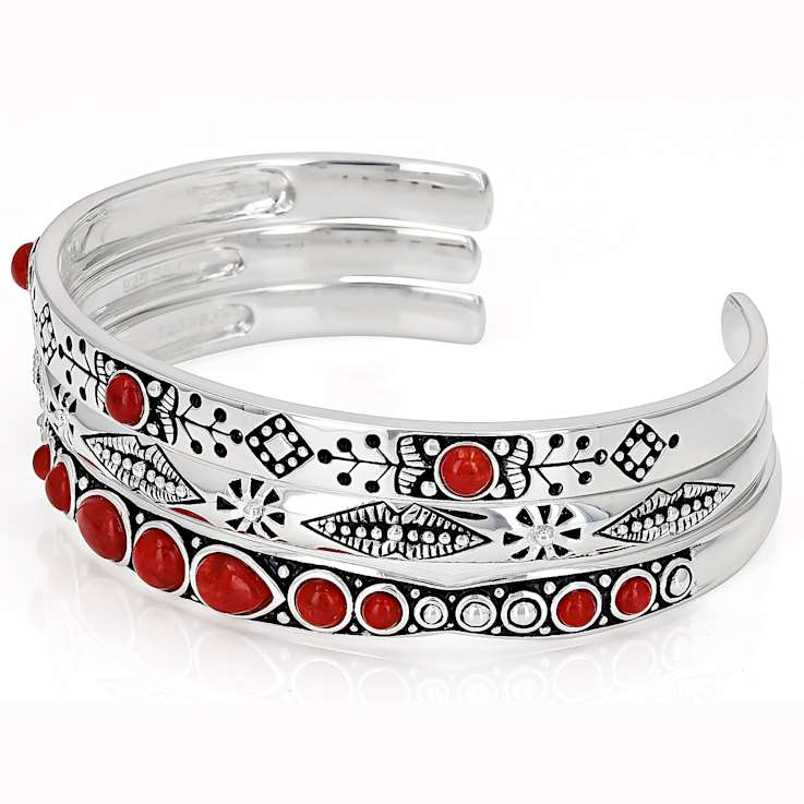 Red Coral Sterling Silver Cuff Bracelet Set Of 3