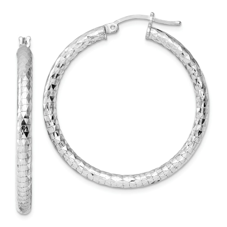 Rhodium Over Sterling Silver 3.00mm Diamond-cut Hoop Earrings