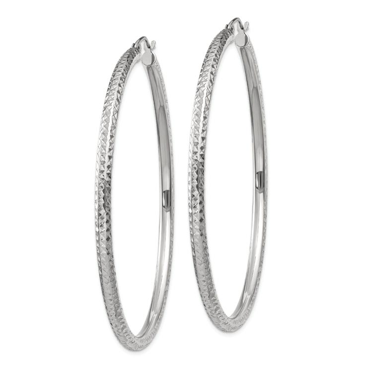 Rhodium Over 14k White Gold Diamond-Cut 2 3/8" Round Hoop Earrings