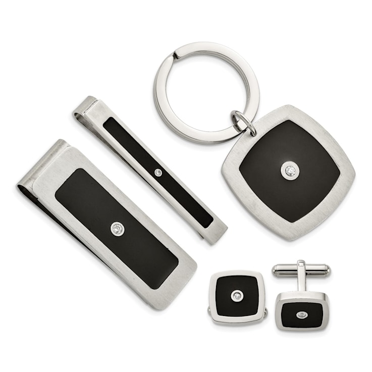 White Cubic Zirconia And Black Enamel Stainless Steel Boxed Set