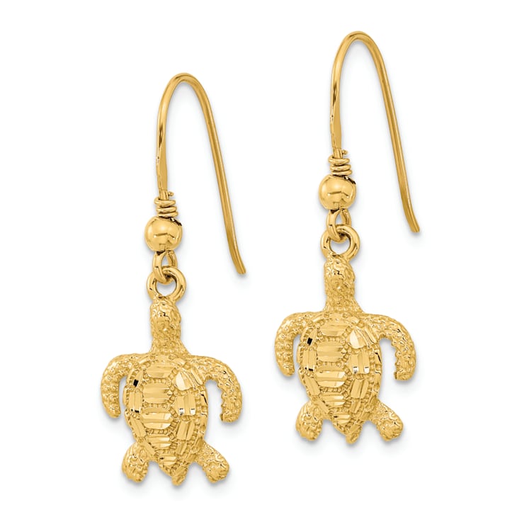 14k Yellow Gold Polished, Textured and Diamond-Cut Turtle Dangle Earrings