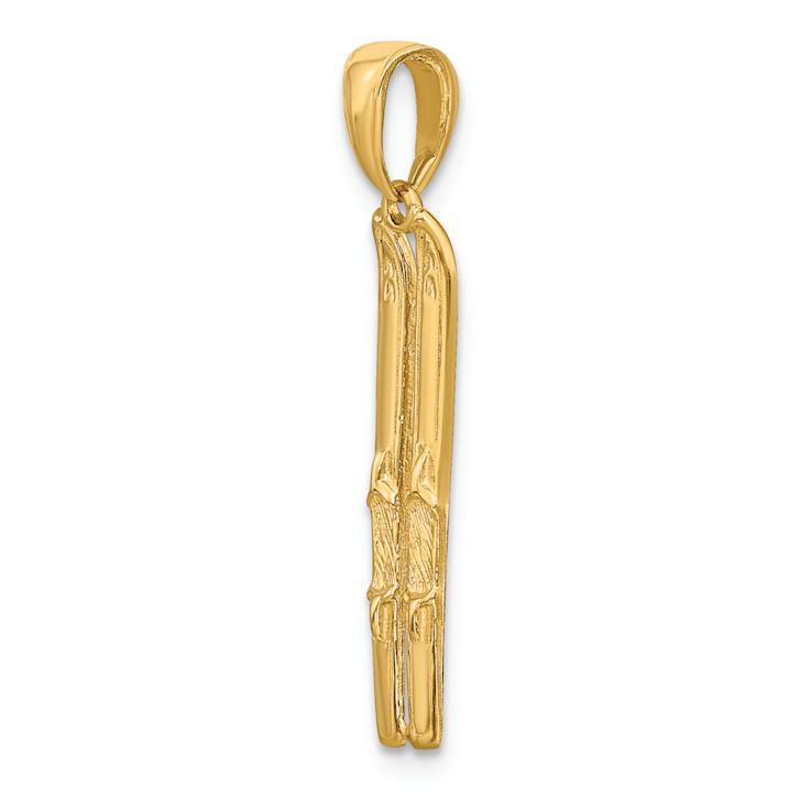 14k Yellow Gold 3D Textured Snow Skis Pendant