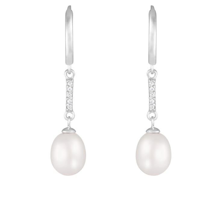 7.5-8mm White Cultured Freshwater Pearl and Cubic Zirconia Rhodium Over
Sterling Silver Earrings
