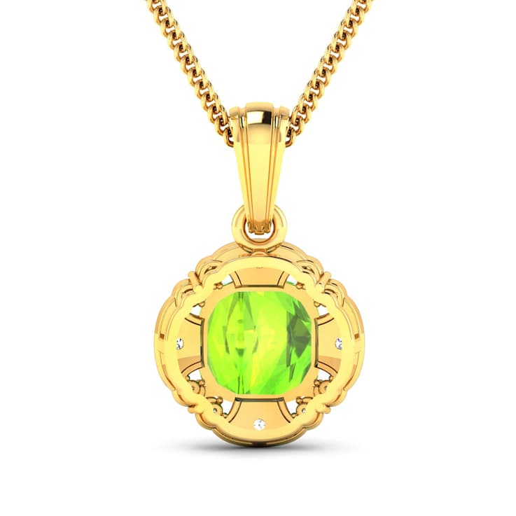 2.02ctw 14K Yellow Gold Cushion Peridot and White Diamond Pendant with
18 inch Cable Chain