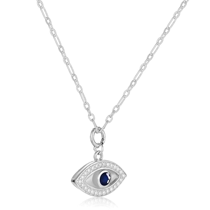 Sapphire and Moissanite Rhodium Over Sterling Silver Evil Eye Necklace