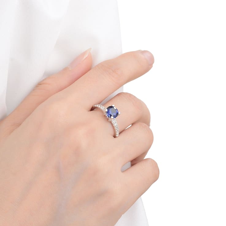 Blue Lab Created Sapphire Ring Round Solitaire Rhodium Over Sterling
Silver Ring