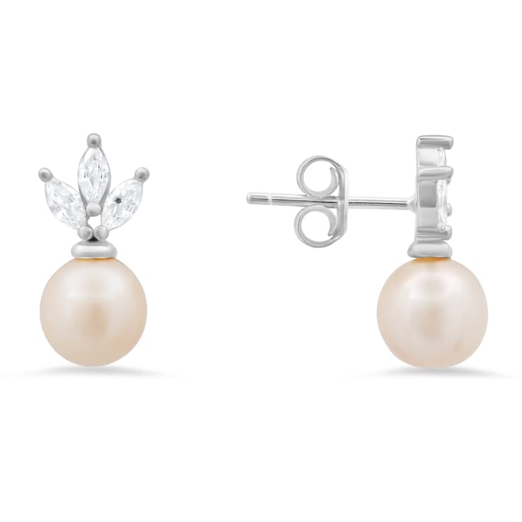 7mm Cultured Freshwater Pearl And White Cubic Zirconia Rhodium Over
Sterling Silver Earrings 0.55ctw