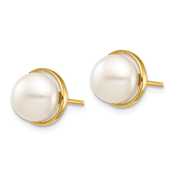14K Yellow Gold 7-8mm White Button Freshwater Cultured Pearl Post Earrings