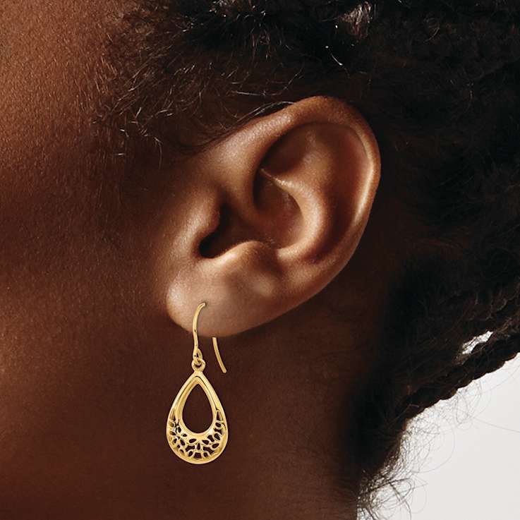 14k Yellow Gold Polished Floral Teardrop Dangle Earrings