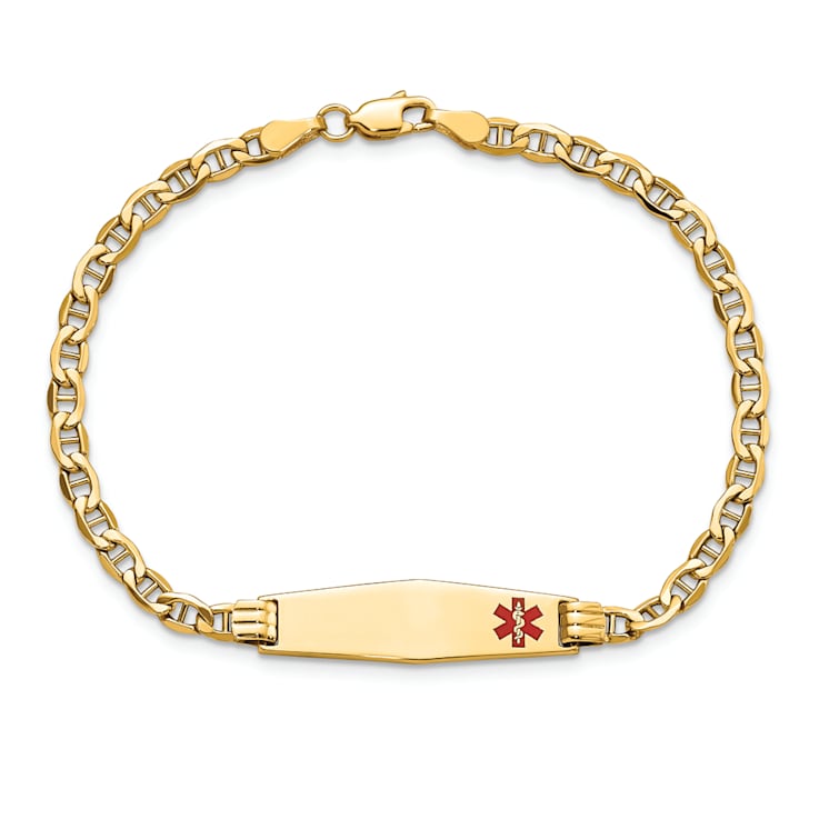 14k Yellow Gold Medical Soft Diamond Shape Red Enamel Mariner ID Bracelet