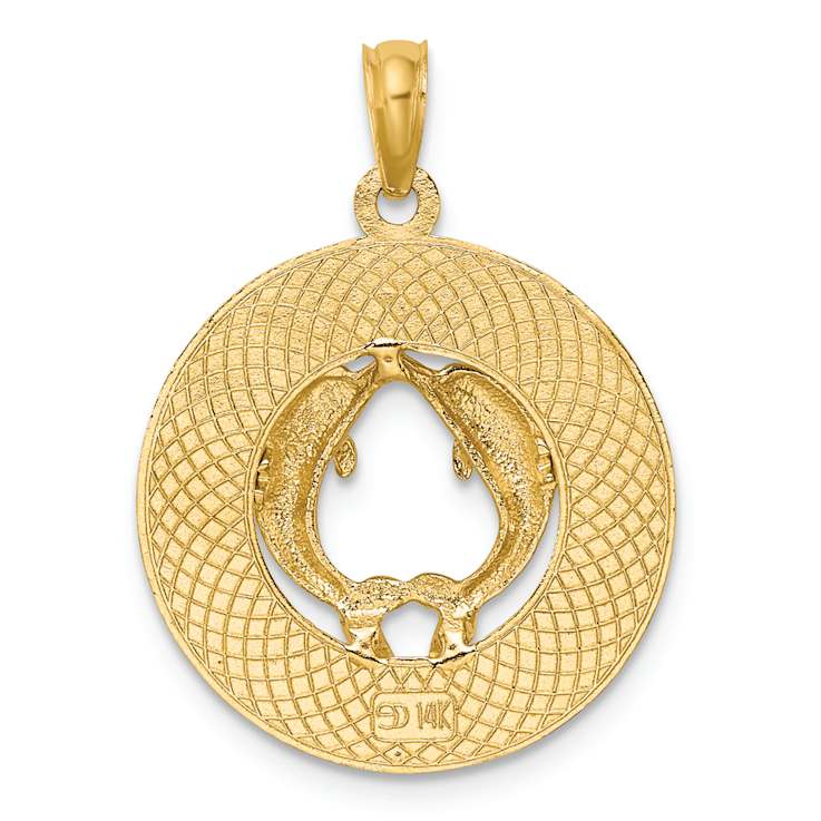 14k Yellow Gold Textured Jamaica with Dolphins Circle Charm