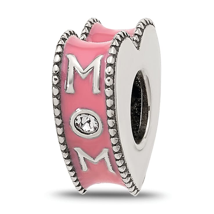 Sterling Silver Crystal and Enamel Pink Heart Mom Bead