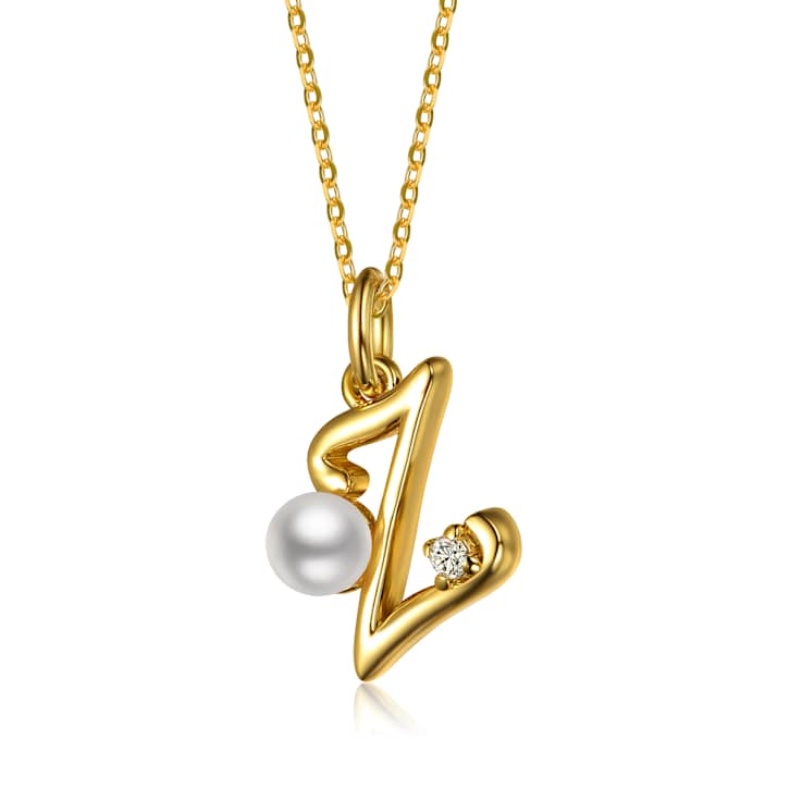 Initial Z Pear Shape CZ And Pearl Pendant Necklace In 14K Gold Over Brass