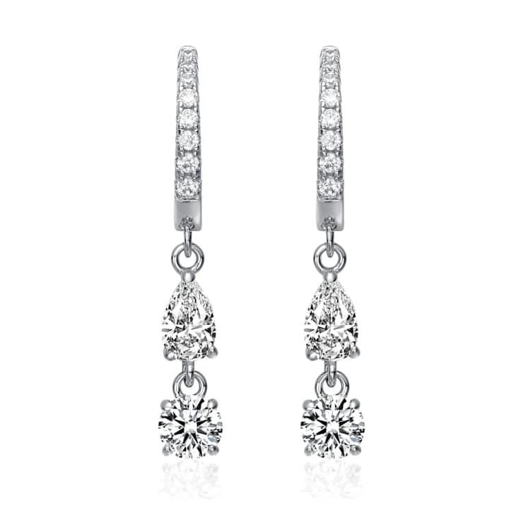 Two-Stone CZ Dangle Huggie Earrings In White Rhodium Over Brass