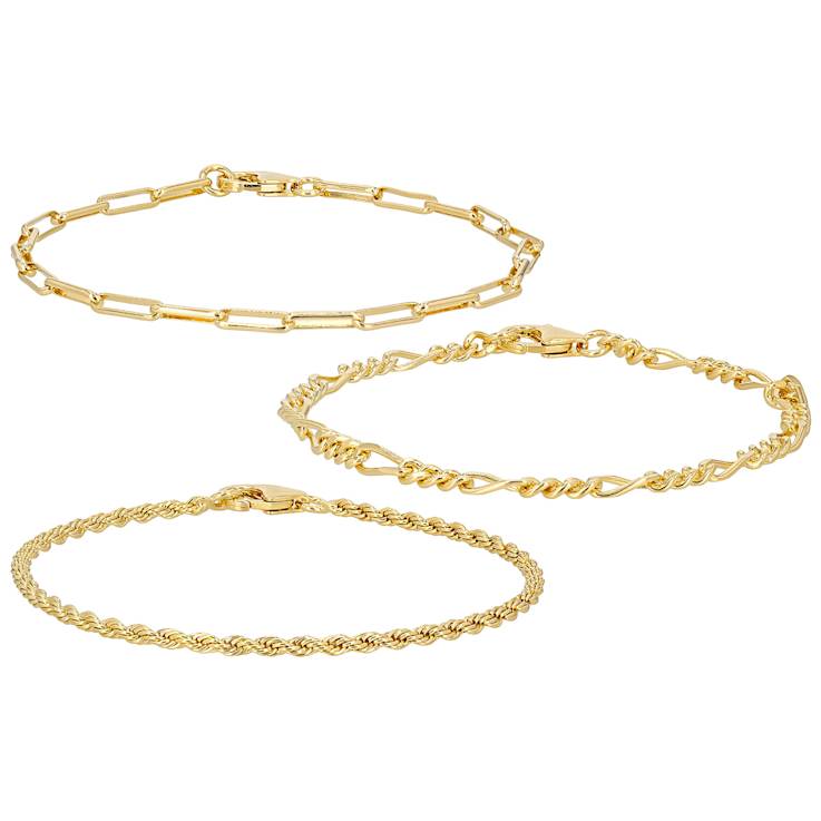 Rope, Paperclip And Figaro Link Bracelet Set In 18K Gold Over Bronze