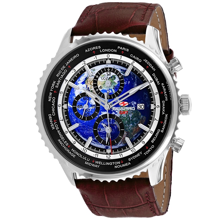 Seapro Men's Meridian World Timer GMT Blue Dial, Black Bezel, Brown
Leather Strap Watch