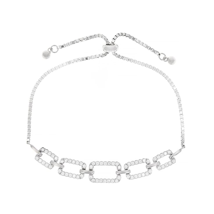 CZ Station Link Bolo Bracelet In Sterling Silver