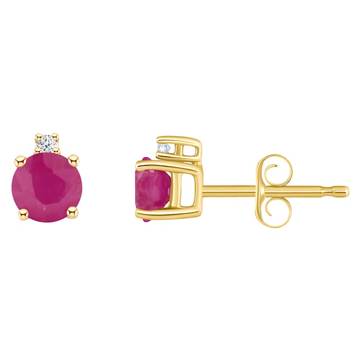 4mm Round Ruby with Diamond Accents 14k Yellow Gold Stud Earrings