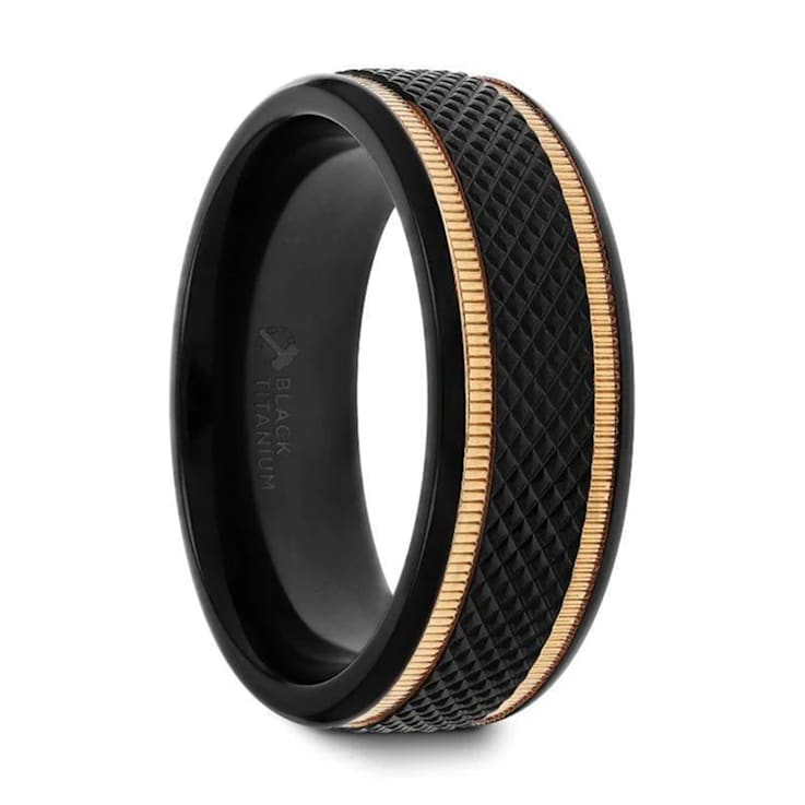 BAROQUE Black Titanium Diamond Pattern Brushed Finish Men’s Wedding Ring
with Milgrain Grooves 8mm