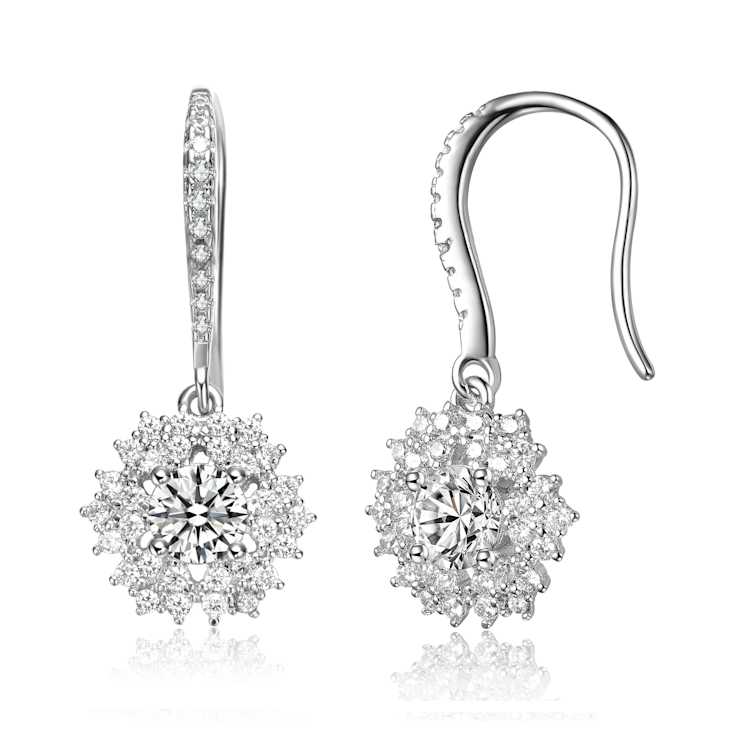 CZ Snowflake Cluster Drop Earrings In White Rhodium Over Brass